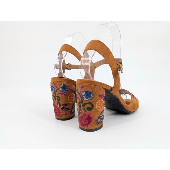Womens High Heel Sandals 8.5 Brown Floral Embroidery Boho Chic Statement Artsy - Picture 9 of 14